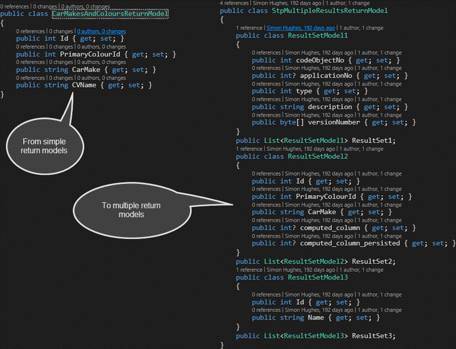 Stored procedure return models example