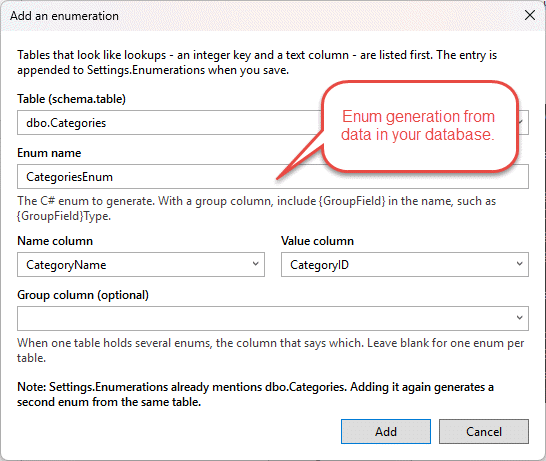 Add an enumeration dialog: choose table, enum name, name column, value column and optional group column