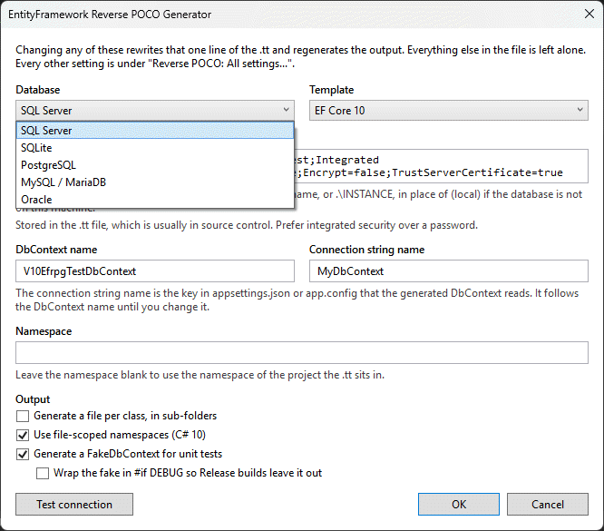Connection dialog: choose database type, EF template, connection string, DbContext name, namespace and output options