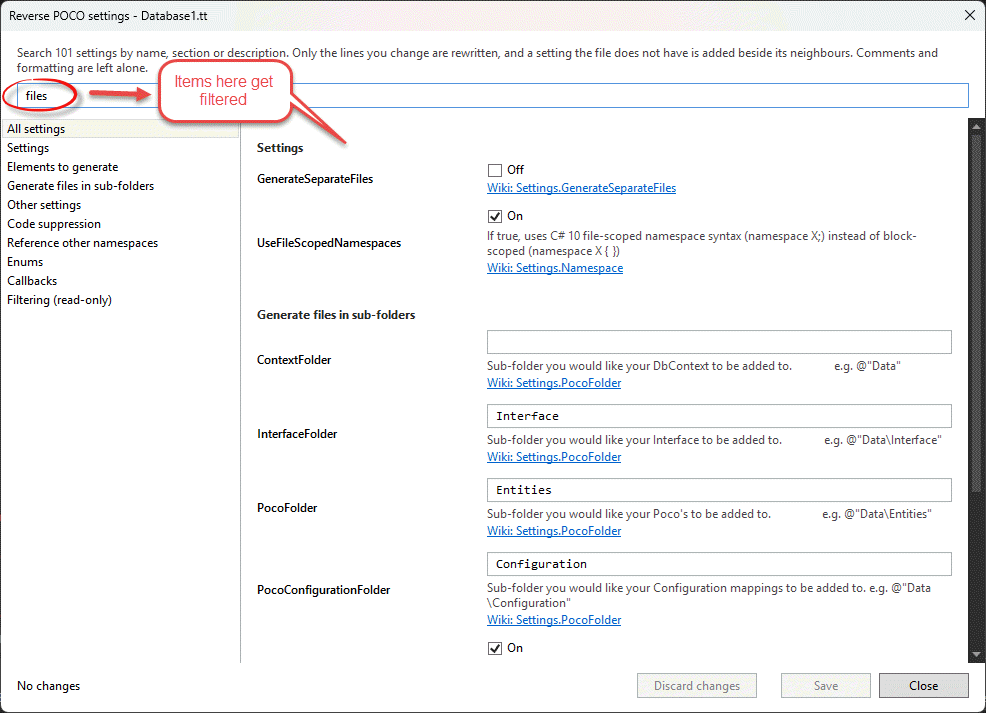 Settings dialog filtered by the word files, showing GenerateSeparateFiles and the sub-folder settings with wiki links