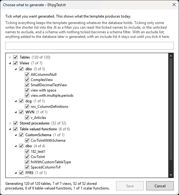Choose what to generate: a tree of tables, views, stored procedures and table-valued functions with tick boxes